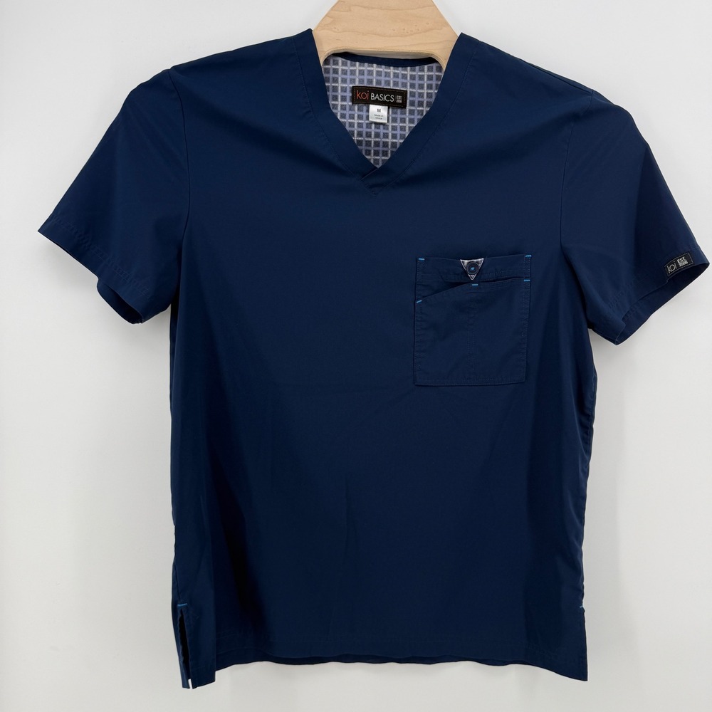 KOI Basics Bryan Men's Scrub Top Medium Navy Blue V-Neck Stretch Style 668